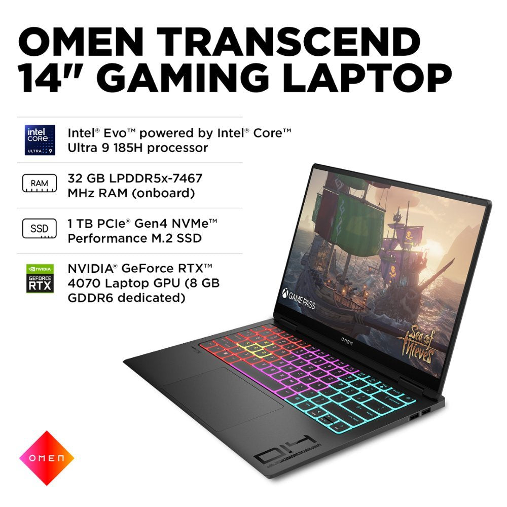 HP OMEN - Transcend 14" 120Hz 2.8K OLED Gaming Laptop - Intel Core Ultra 9-185H - 32GB Memory - NVIDIA GeForce RTX 4070 - 1TB SSD - Shadow Black